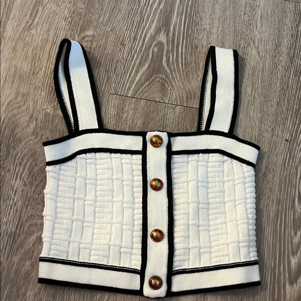 SHEIN White Knit Crop Top with Black Trim and Gold Buttons